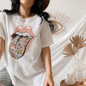 Women's Pink Floral Tongue Vintage Distressed Graphic Tee